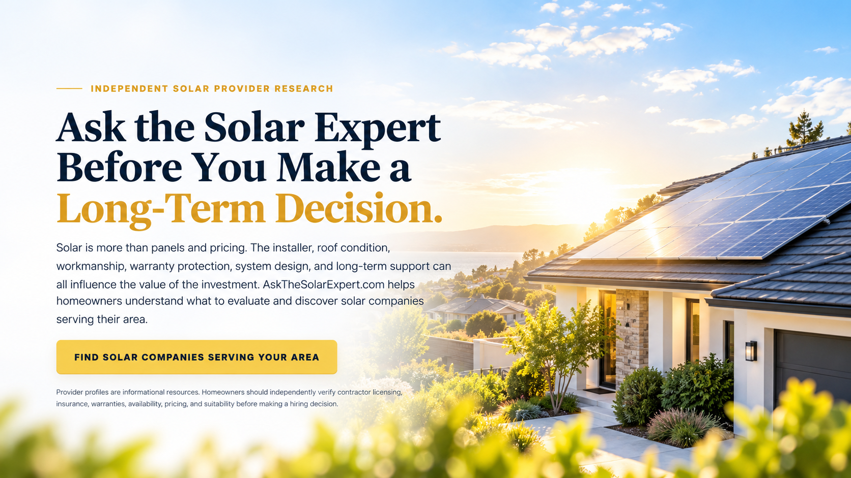 Solar-powered home at sunset with Ask A Solar Expert homeowner guidance
